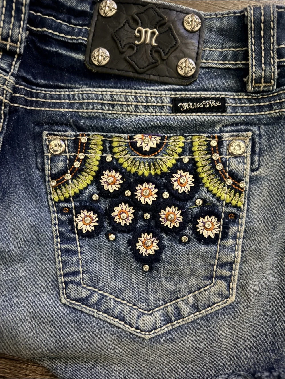 Miss Me Denim Embroidered Shorts with Floral Back Pockets